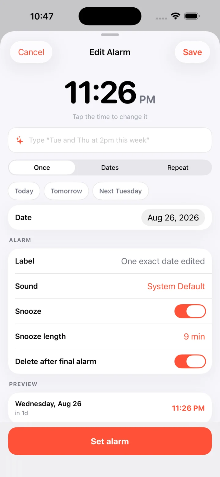 SetFor one-time alarm editor showing one exact date and delete-after-final controls
