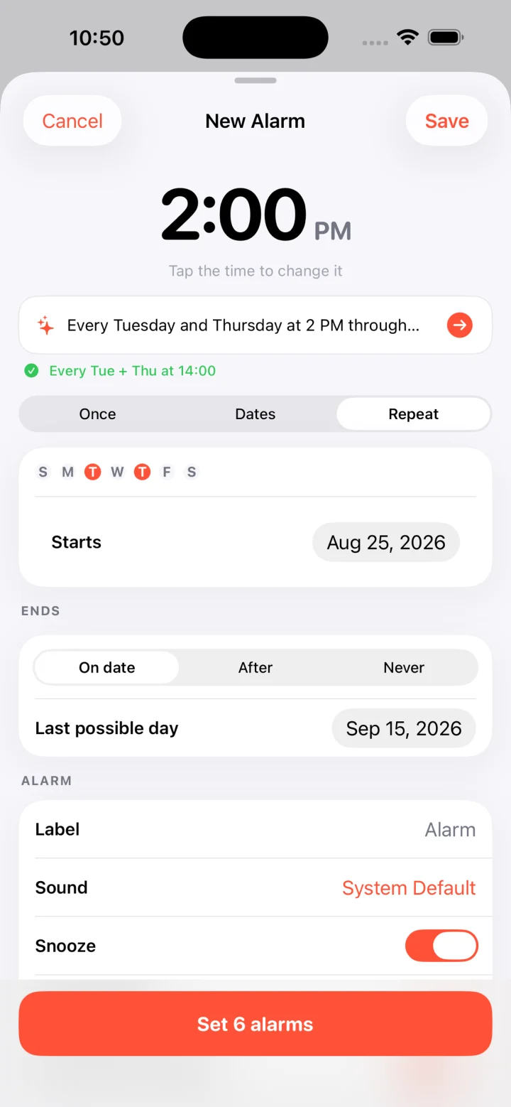 SetFor repeat editor with Tuesday and Thursday selected and a September 15 end date