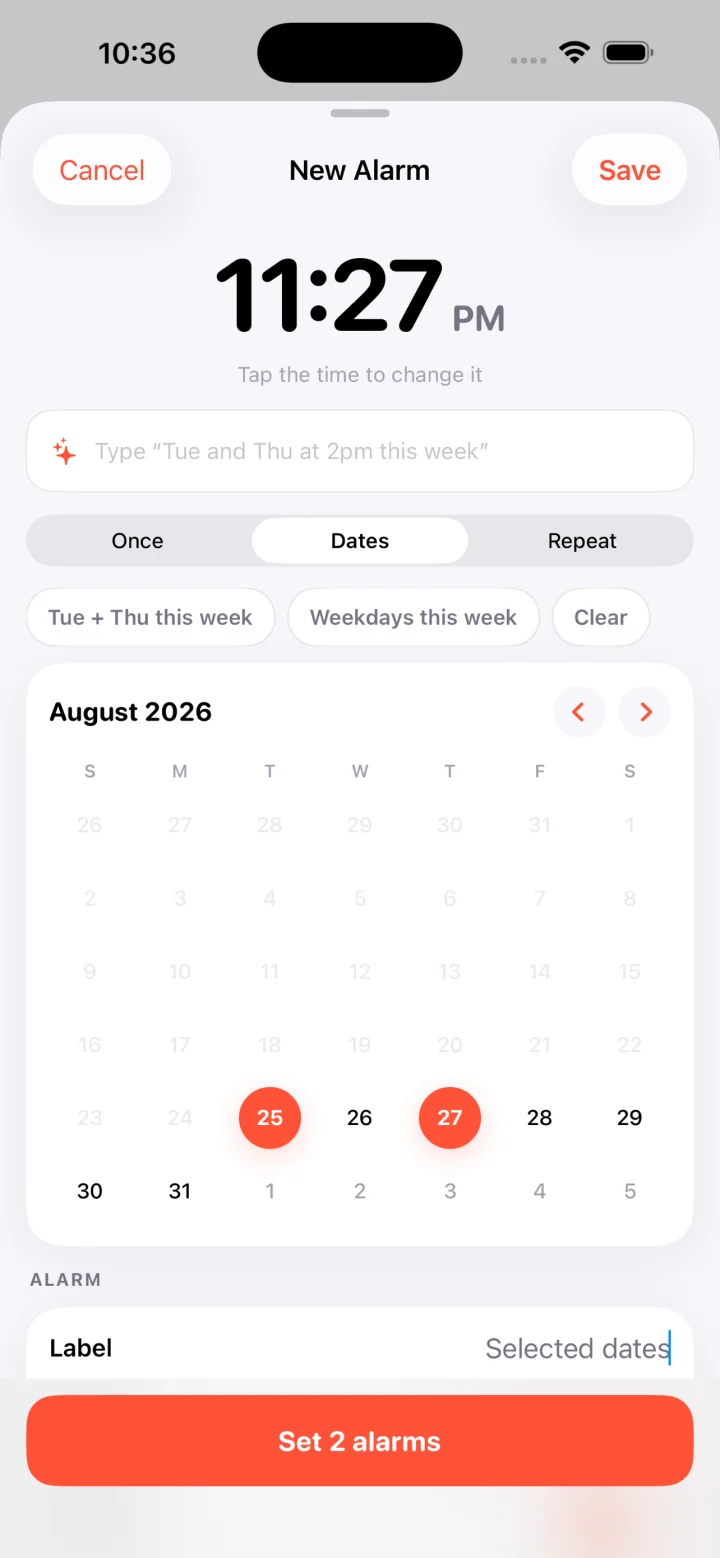 SetFor selected-dates editor with two dates chosen on a calendar