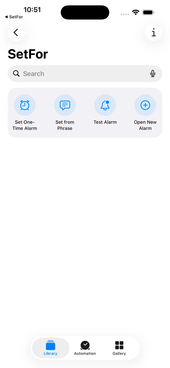 SetFor Settings showing the four Siri and Shortcuts actions