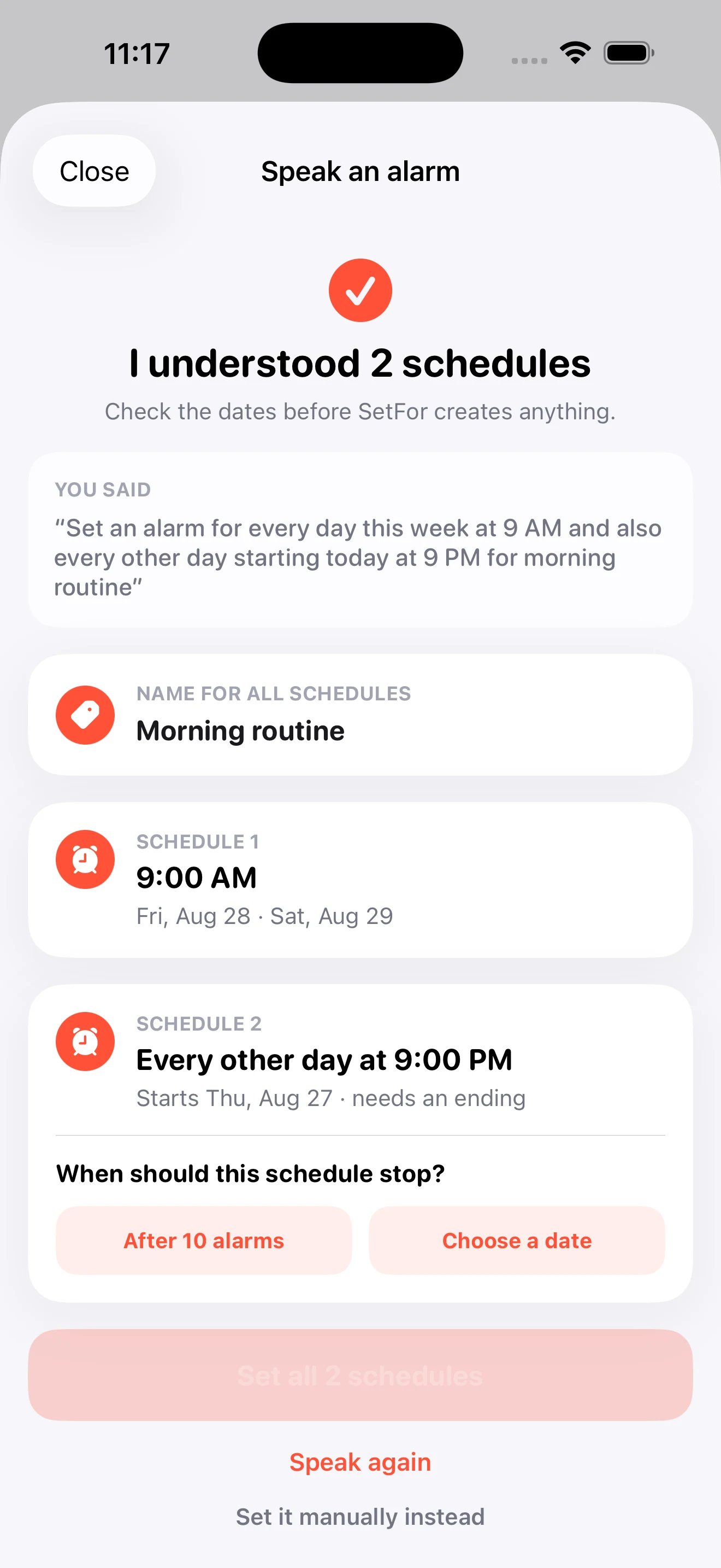 SetFor Speak review showing two proposed schedules before they are created